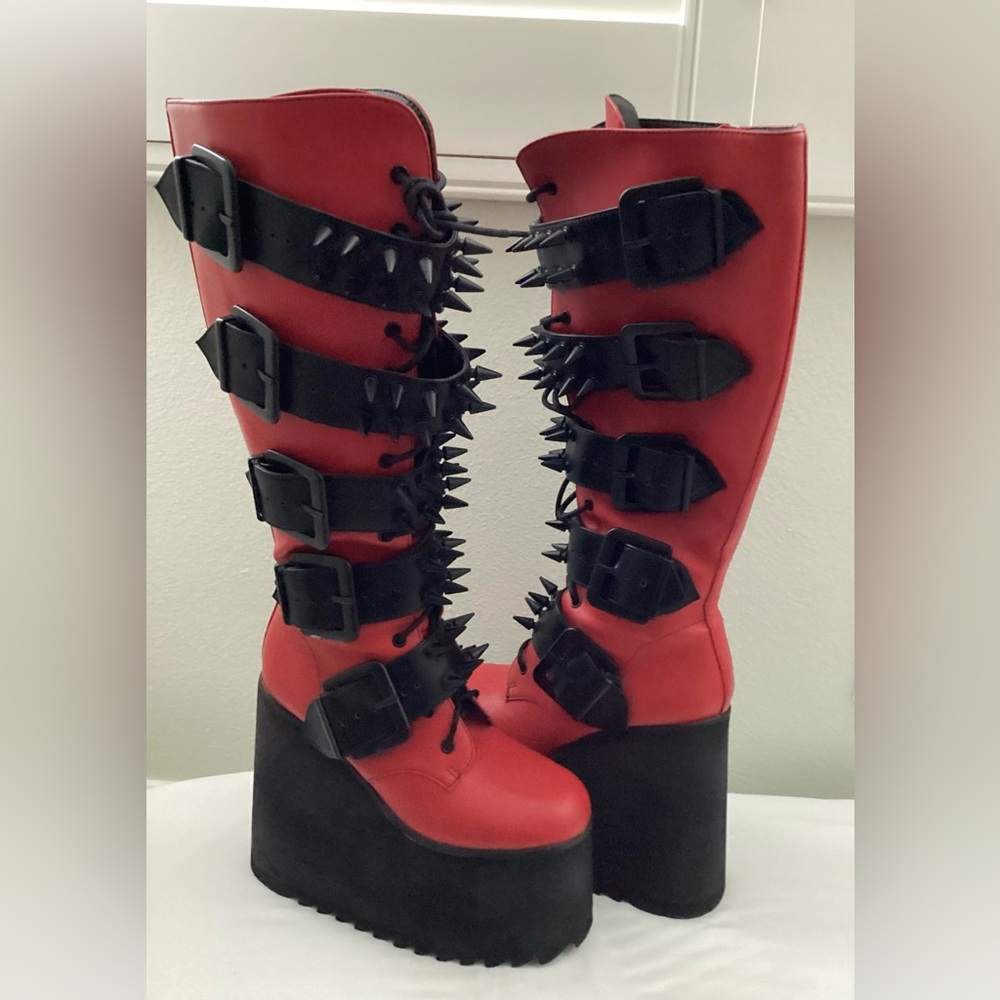 Vegan Leather Platform Boots Spikes & Buckles